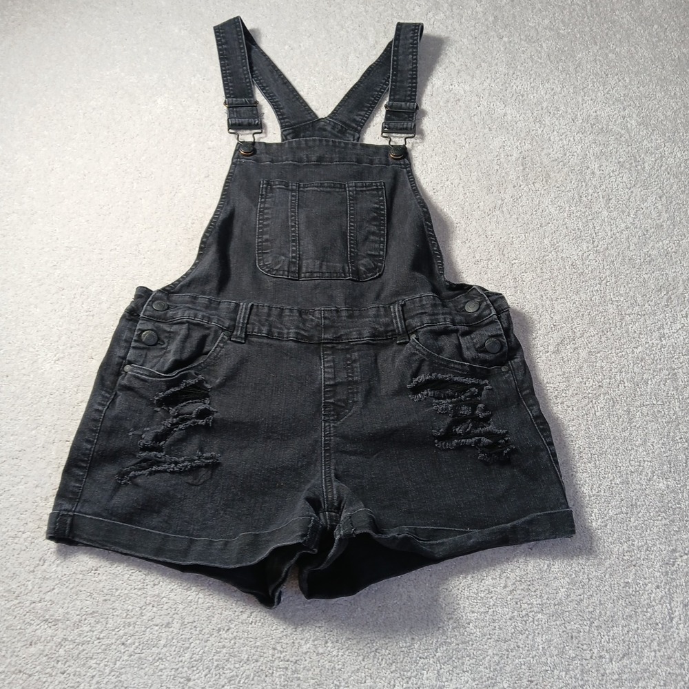 Juniors 11 Blue Spice Cotton Stretch Black Distressed Destroyed Short Overalls